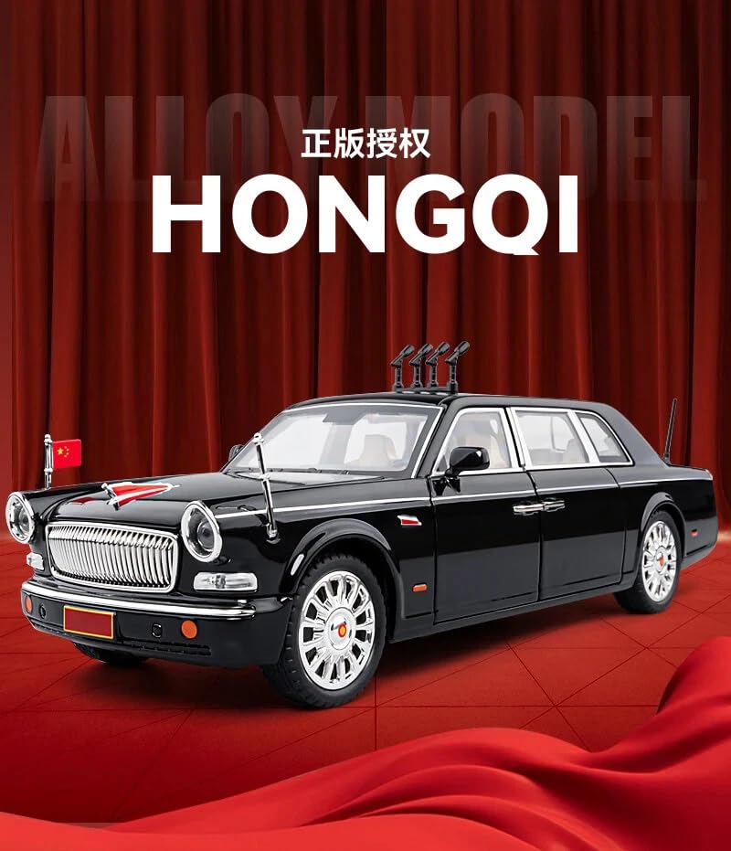 Image of 1:24 HONGQI L5 Military Parade Car Model | Diecast Metal Toy Car with Pull Back Action, Sound & Light | Openable Doors | Premium Vintage Sedan for Kids & Collectors
