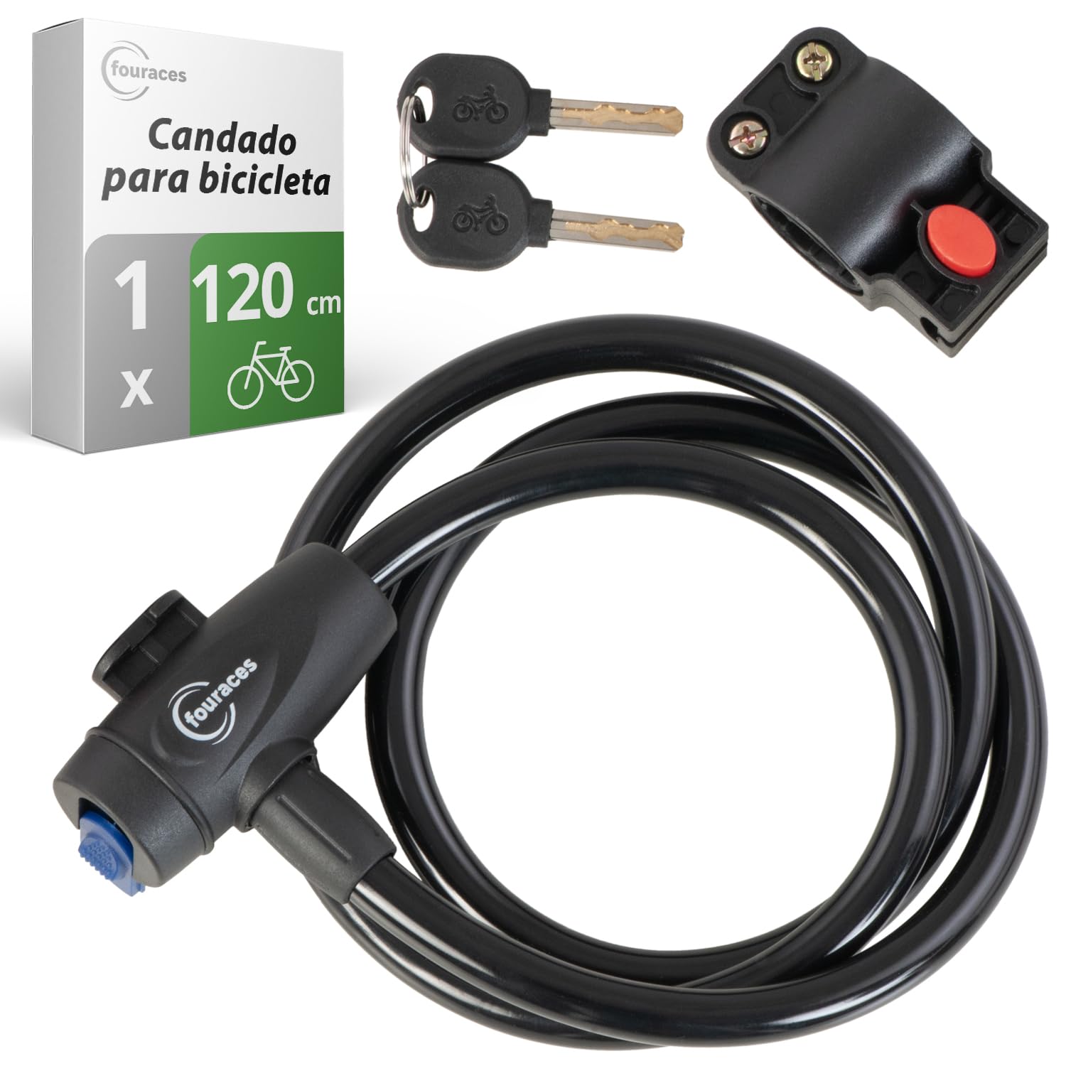 fouraces candado para bicicleta, candado en espiral de 120 cm, 2 llaves, 12 mm, candados de cable para patinetes eléctricos, bicicletas, moto, antirrobo negro