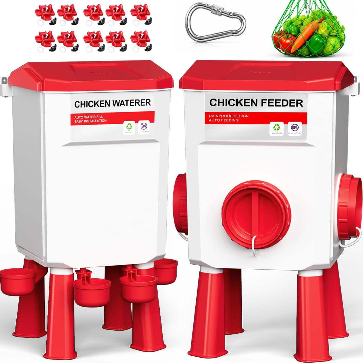 Ensemble mangeoire et abreuvoir pour poulets, système d'alimentation automatique sans déchets, mangeoire de 12 kg et abreuvoir de 11 L, kit de poulailler 4 en 1 avec support de légumes pour
