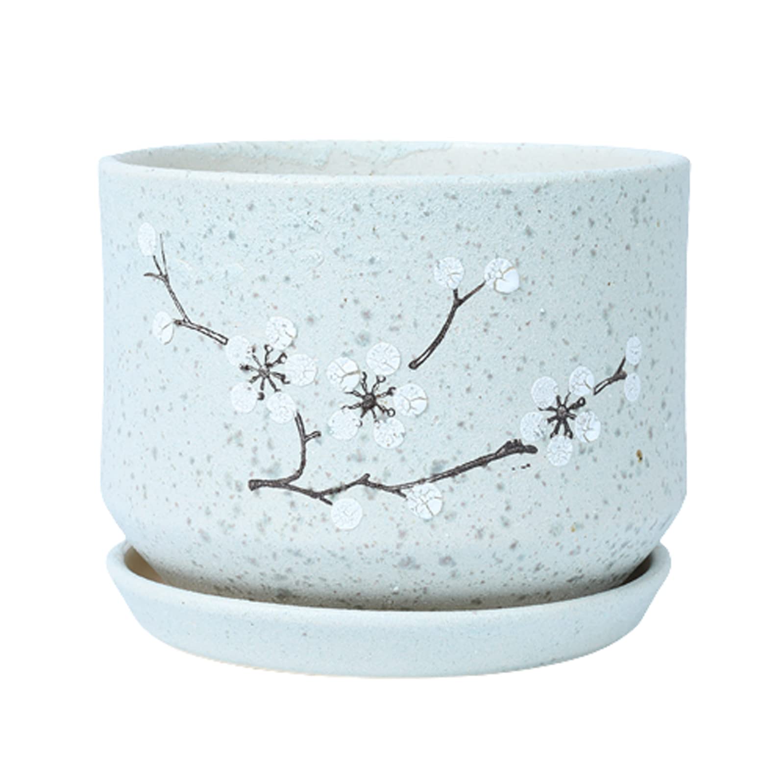 asdchZen Chinese Style Plum Pattern Ceramic Flower Pot With Drain Holes & Saucer Indoor Outdoor Plant Container For Gardening,B-23cm