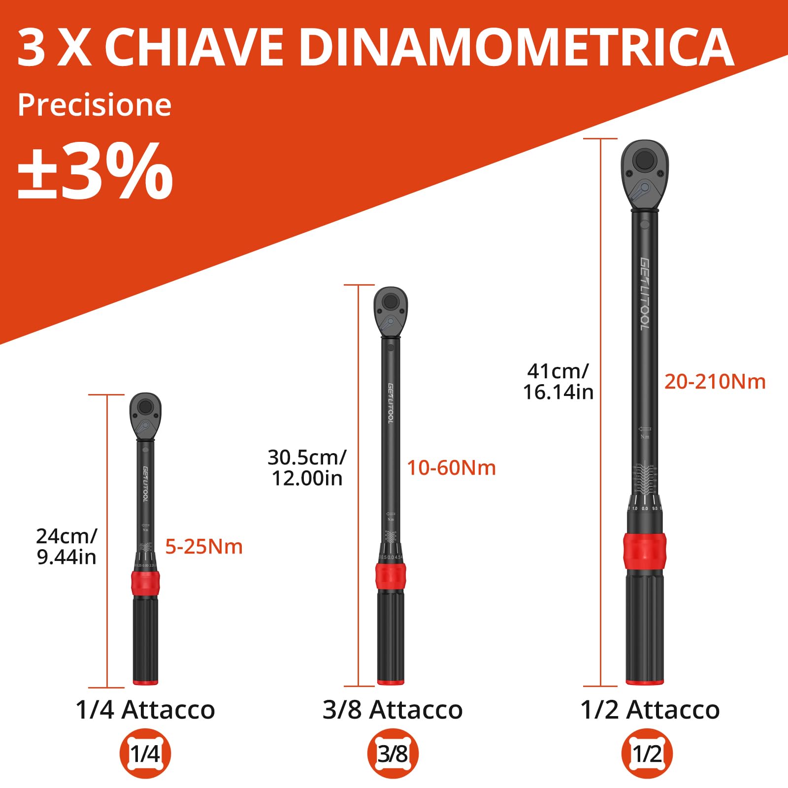 GETLITOOL Set Chiavi Dinamometriche 1/4" 3/8" 1/2", 3 Pezzi con Cricchetto Reversibile 72 Denti in Acciaio Legato, Chiave Dinamometrica per Bici, Moto e Auto, Gamma di Coppia 5-25Nm 10-60Nm 20-210Nm