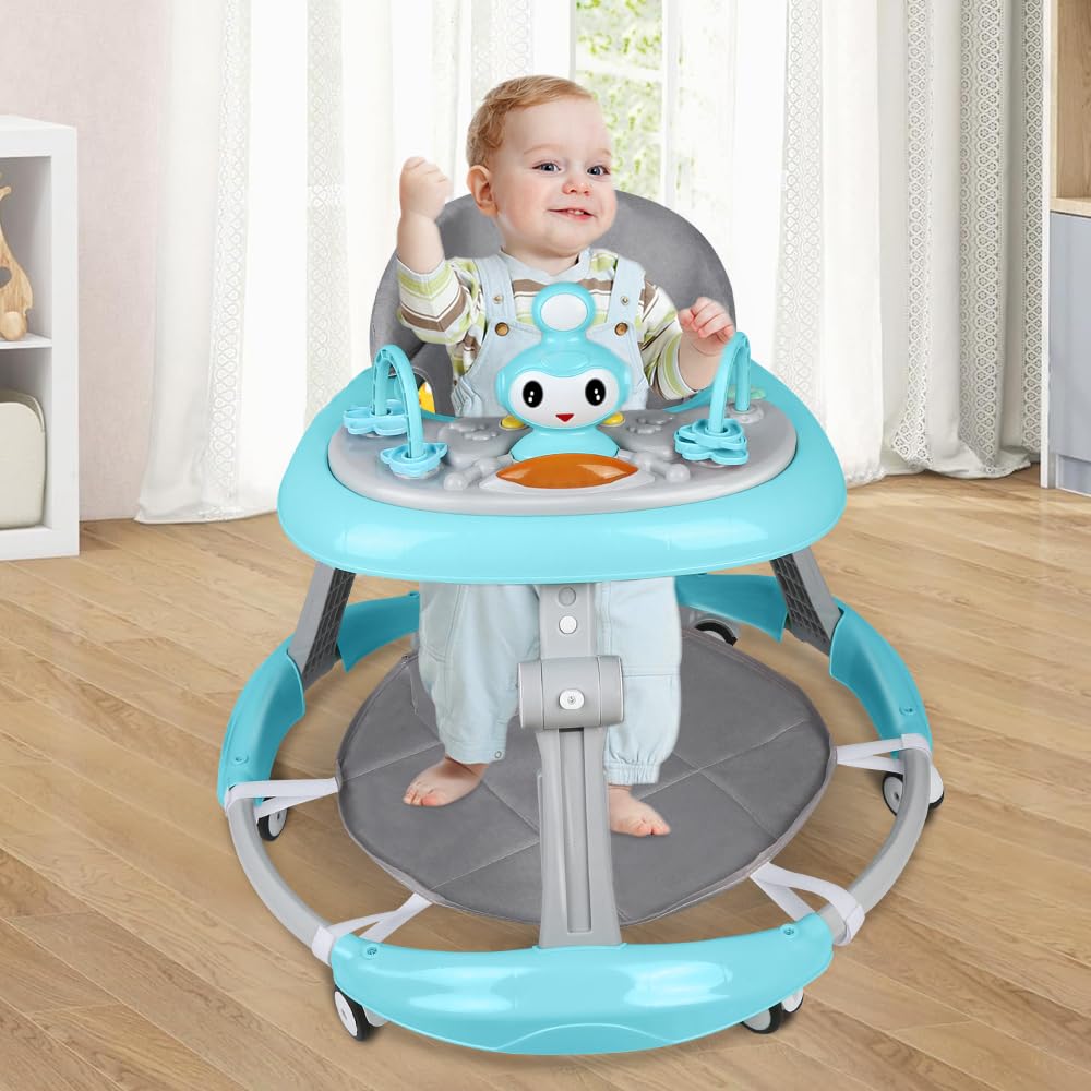 Trotteur Bébé Pliable pour Nourrisson de 6 à 18 Mois - Trotteur pour bébé avec Roues Silencieuses pour Enfant Garçons et Filles - Hauteur Réglable, Rangement Facile-70 * 70 * 91cm- Bleu
