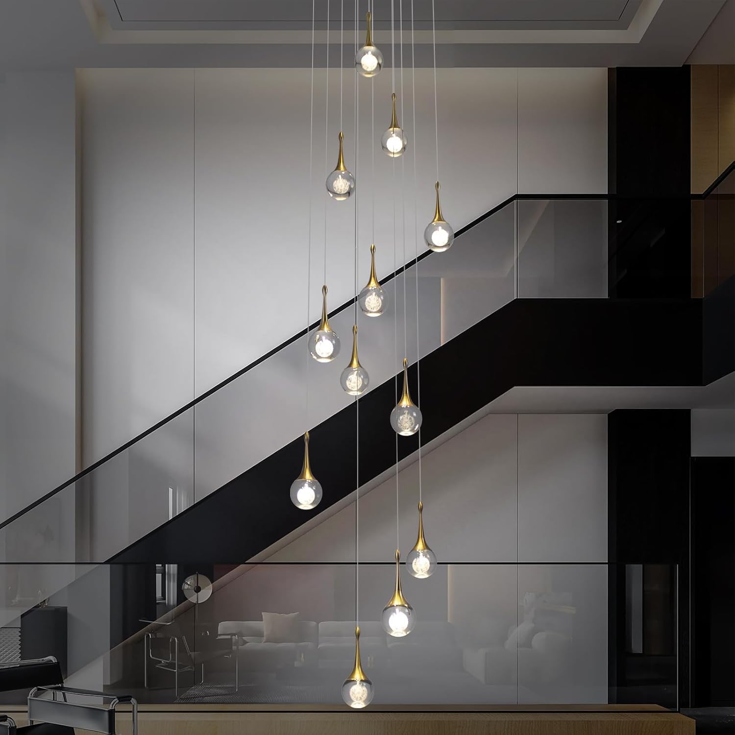Lustre d'escalier LED doré Haut Plafond Suspension Luminaire intensité Variable télécommande Moderne Cristal en Forme de Goutte d'eau Longue Lampe Suspendue Cage d'escalier Salon entrée