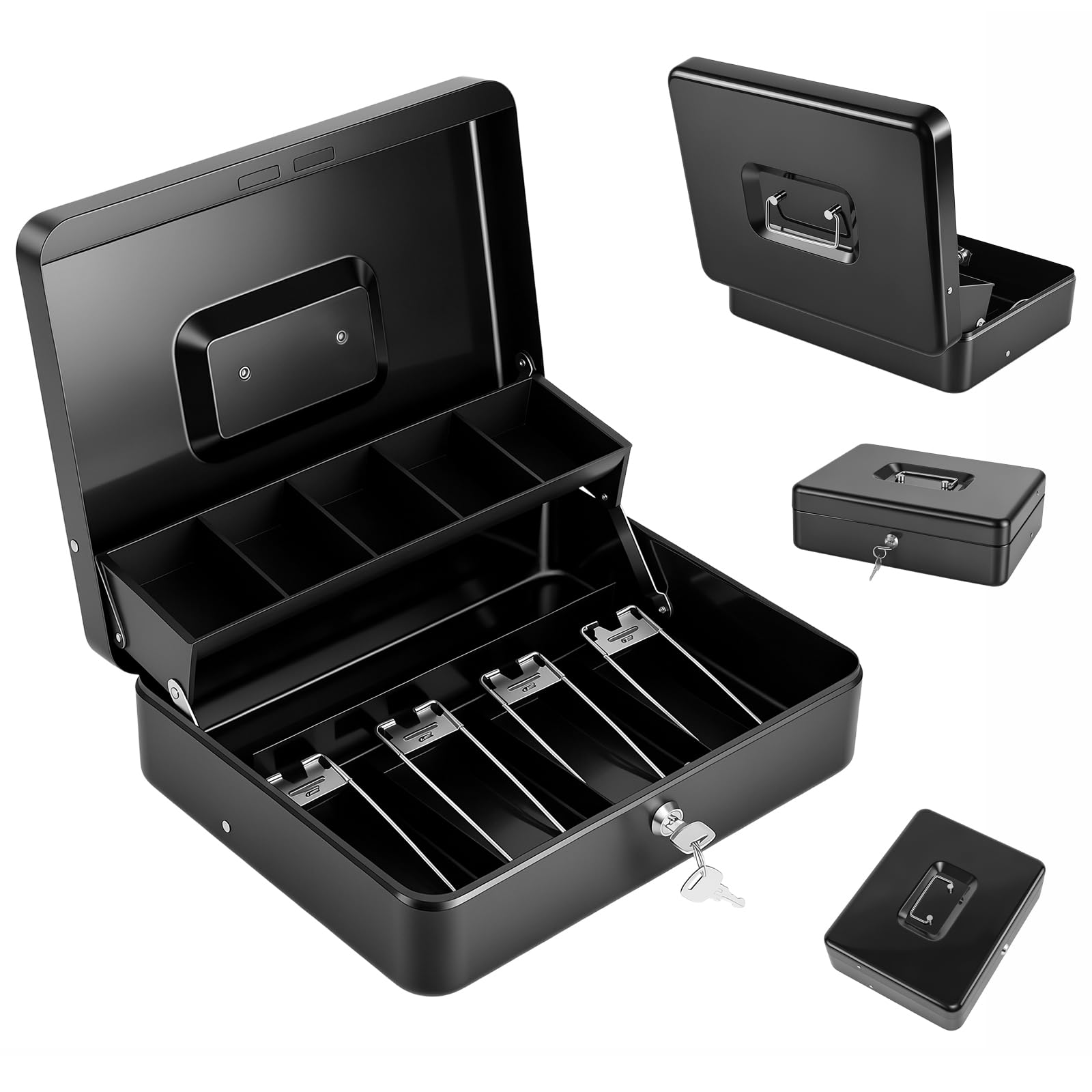Caisse à monnaie avec serrure et 2 clés, 30 x 24 x 9 cm, noire, avec compartiment à monnaie à 5 compartiments et 4 porte-billets, portable pour magasin, marché, ménage