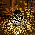 EXCMARK 2 Pack Outdoor Solar Hanging Lantern Lights Metal LED Decorative Lamp for Garden Patio Courtyard Lawn and Table with Hollowed-Out Design (Black)
