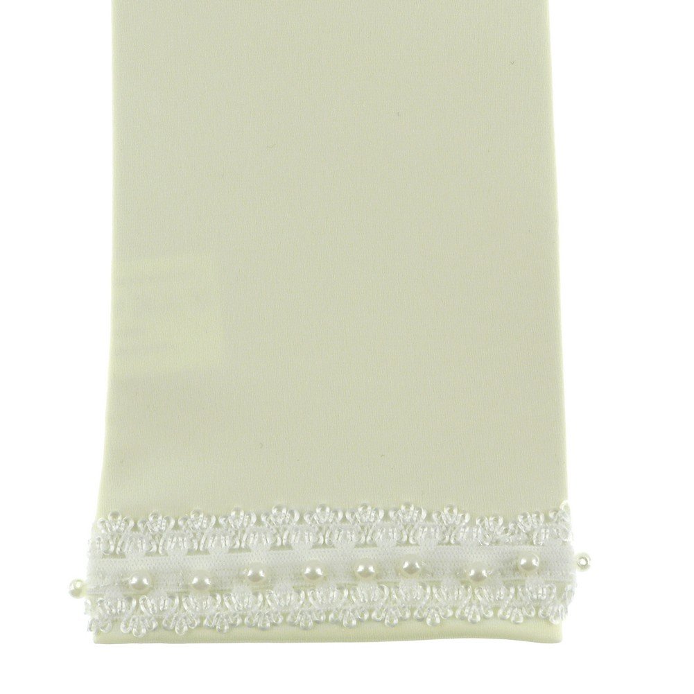 DivaDesigns Wrist Length 9-inch Lace Cuff Faux Pearl Bridal Matt Stretch Satin Gloves Matt Ivory