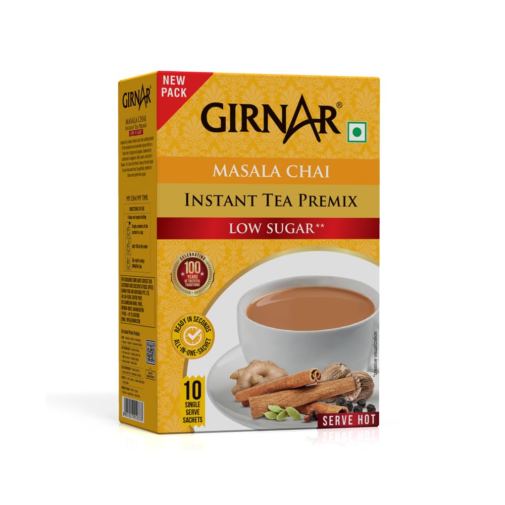 GIRNAR Karak Chai 2in1 Instant Tea Premix with Masala | No Added Sugar/Sweetener | 10 Sachets (80g Box) | Authentic Indian Spiced Tea | Quick & Flavorful ChaiGIRNAR Karak Chai 2in1 Instant Tea Premix with…