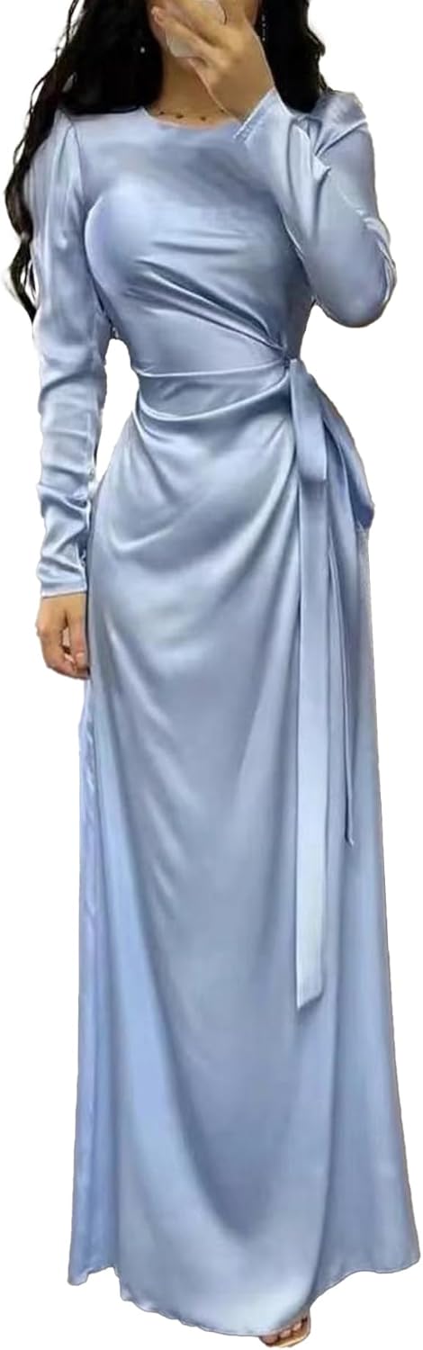 xxxiticat Women's Satin Long Dress Long Sleeve Puff Shoulder Crew Neck Tie Up Waist Ruched High Slit Maxi Slip Dresses Small Blue