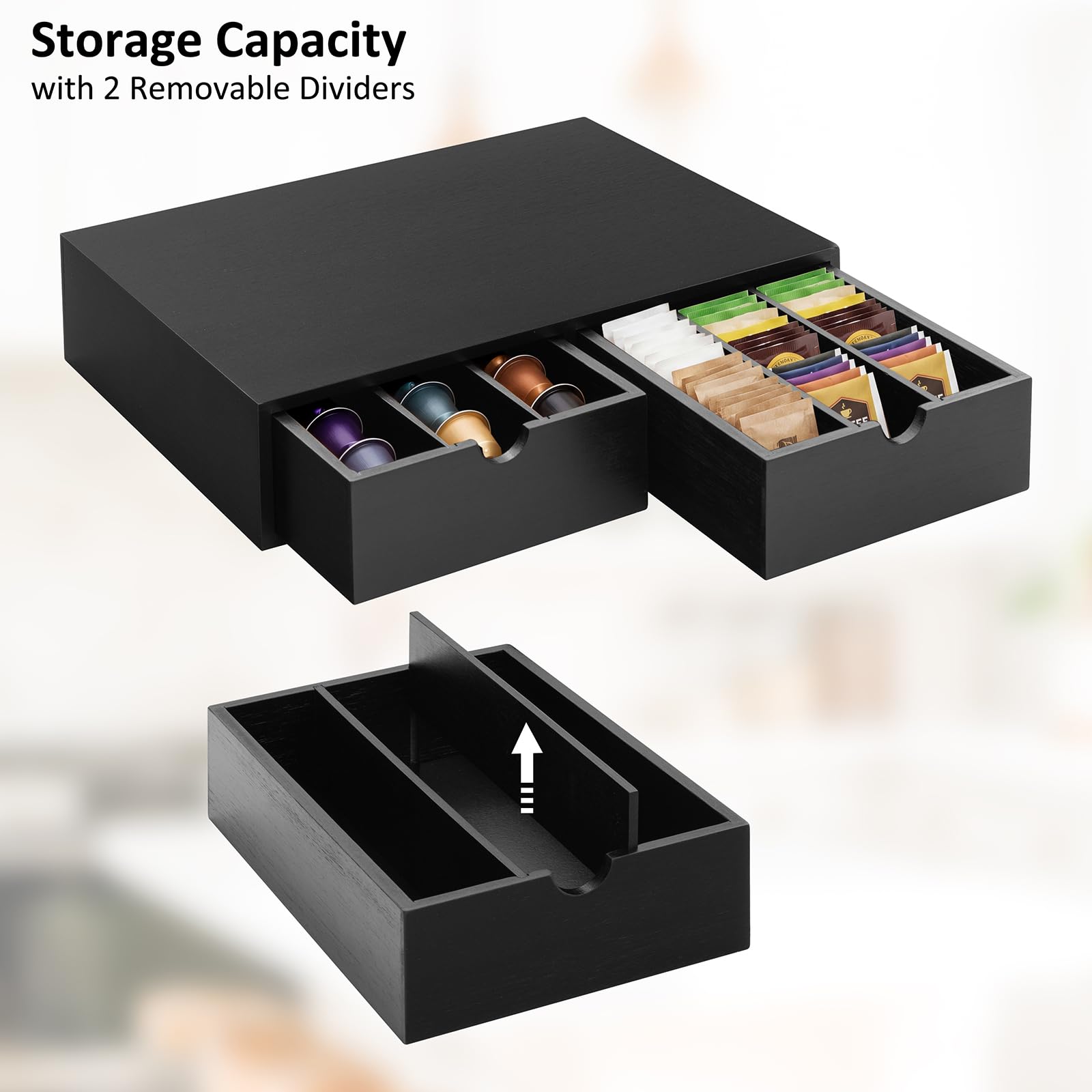 Cassetto porta cialde in legno, organizer per capsule di caffè, organizer per tazze da tè, 30 cialde, stazione da caffè da banco per supporto macchina, nero