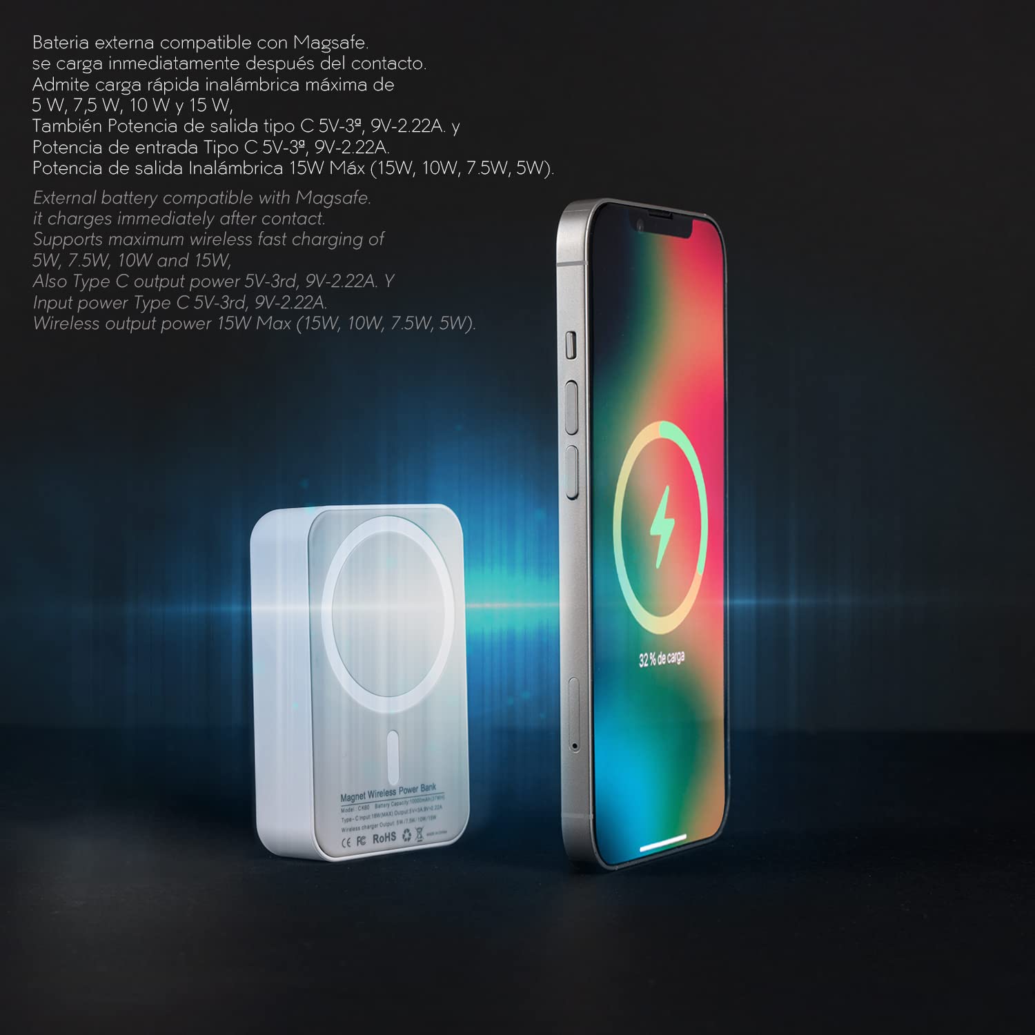 Power Bank Inalámbrica Magnética. Cargador Magnético Inalámbrico Portátil, Batería Externa. [Carga Rápida 15W] Compatible con MagSafe iPhone 14/13/12/Pro/Pro MAX/Mini (10000 mAh, Magnético Negro)