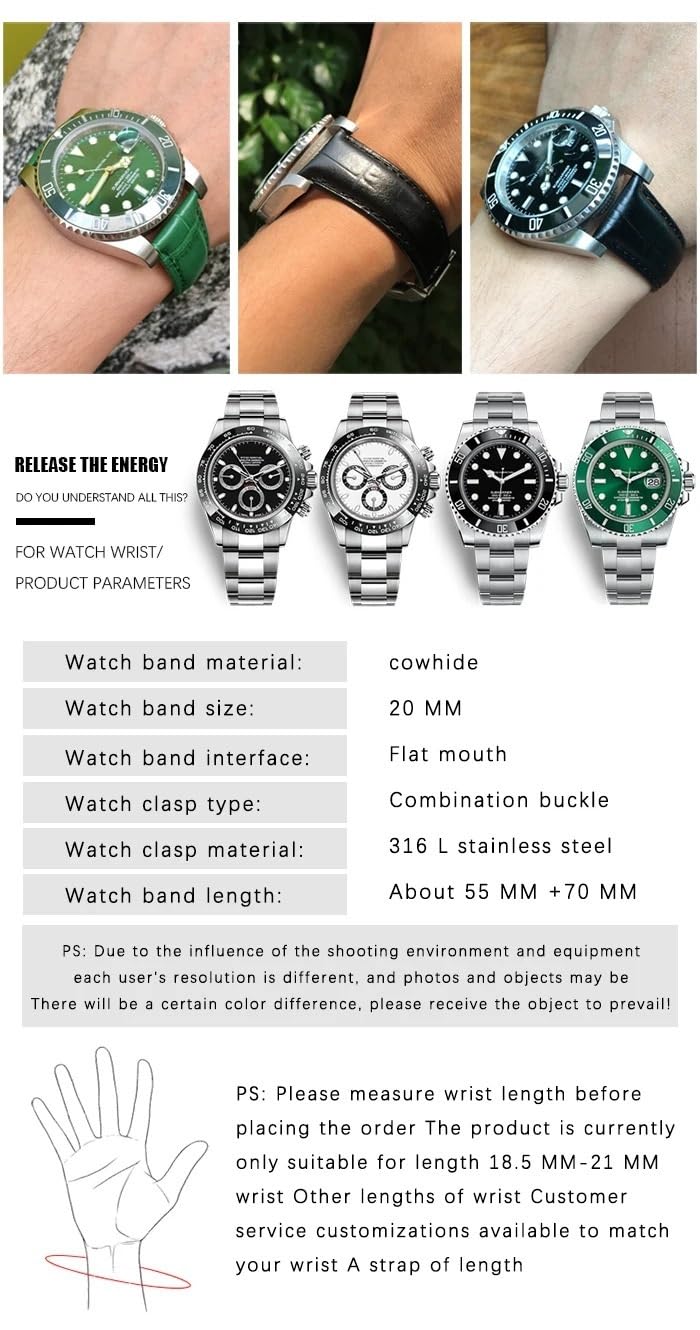Cinturino in vera pelle da 20 mm per Rolex Yatch Master Submariner Daytona cinturino nero verde alligatore