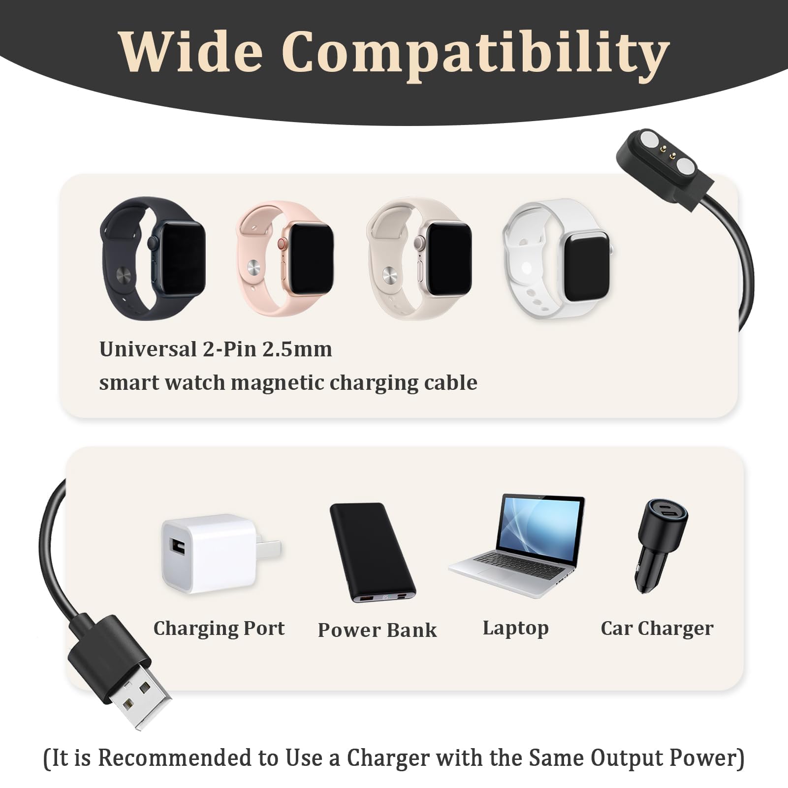 Lot De 2 Câbles De Charge Pour Montre Intelligente Compatibles Avec SKG Letsfit YAMAY Willful Wyze UMIDIGI Blackview Câble De Charge USB Magnétique 2 Broches 2,84 Mm Charge Rapide Chargeur De Montre