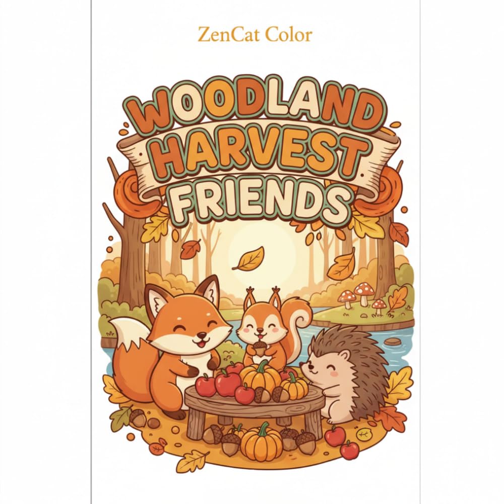 Woodland Harvest Friends Coloring Book: 30 Kawaii Fox, Squirrel & Hedgehog Autumn Scenes: Adorable Woodland Animal Illustrations with Mindfulness Quotes to Color | Kids & Adults | 8.5x8.5 inch