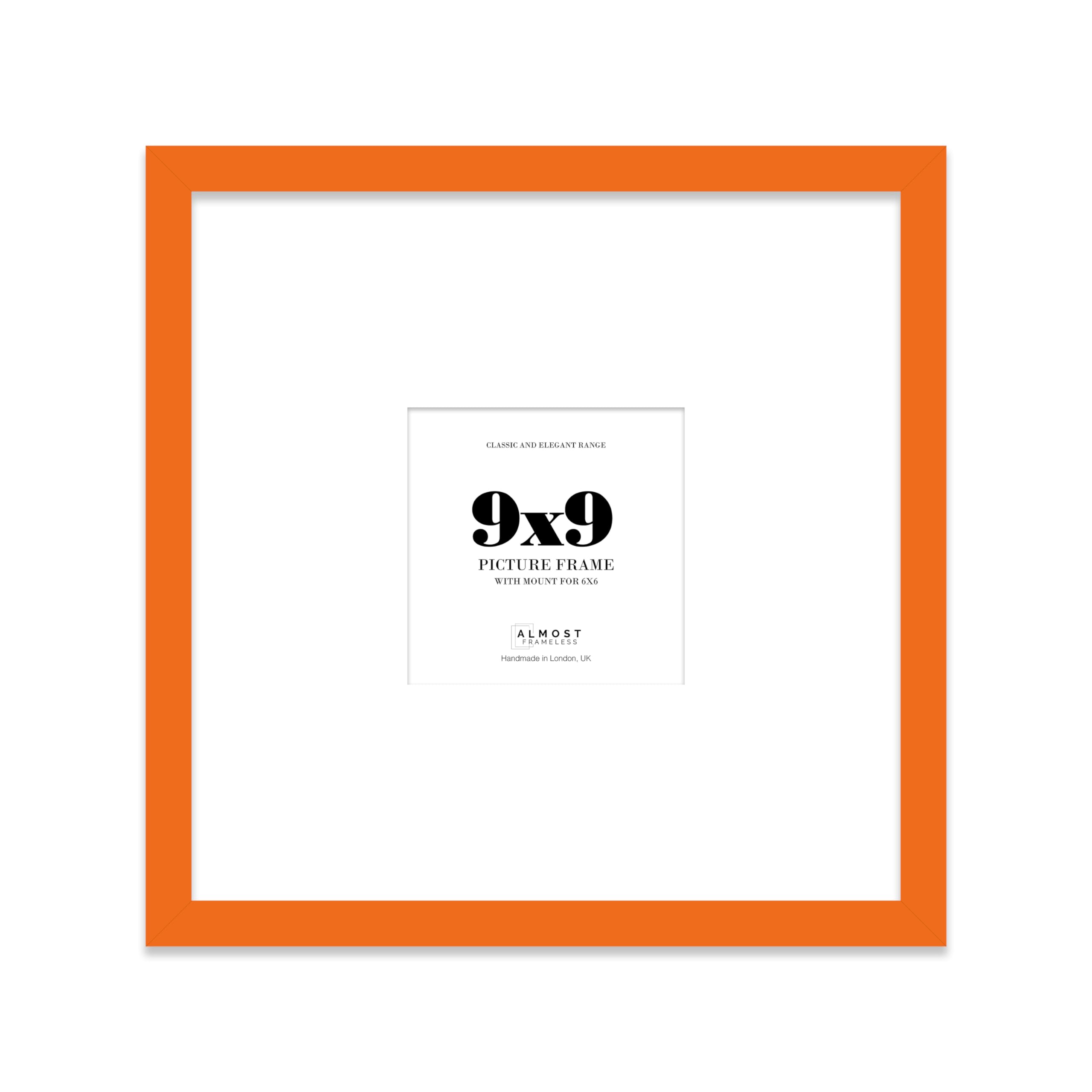 Almost Frameless 9x9 Square Picture Frame, Display Pictures 6x6 With Mat or 9x9 Without Mat, Wall Hanging & Free Standing Photo Frame, Orange, 1 Pack