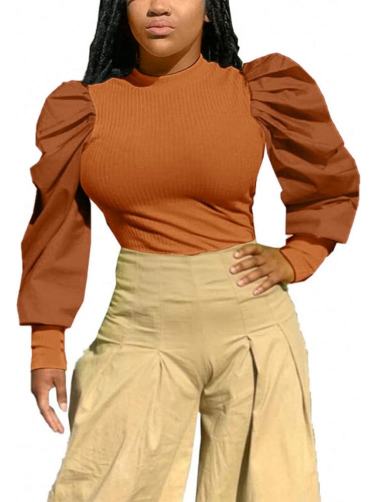 Ophestin Women's Sexy Puff Long Sleeve Tops Ribbed Ruched