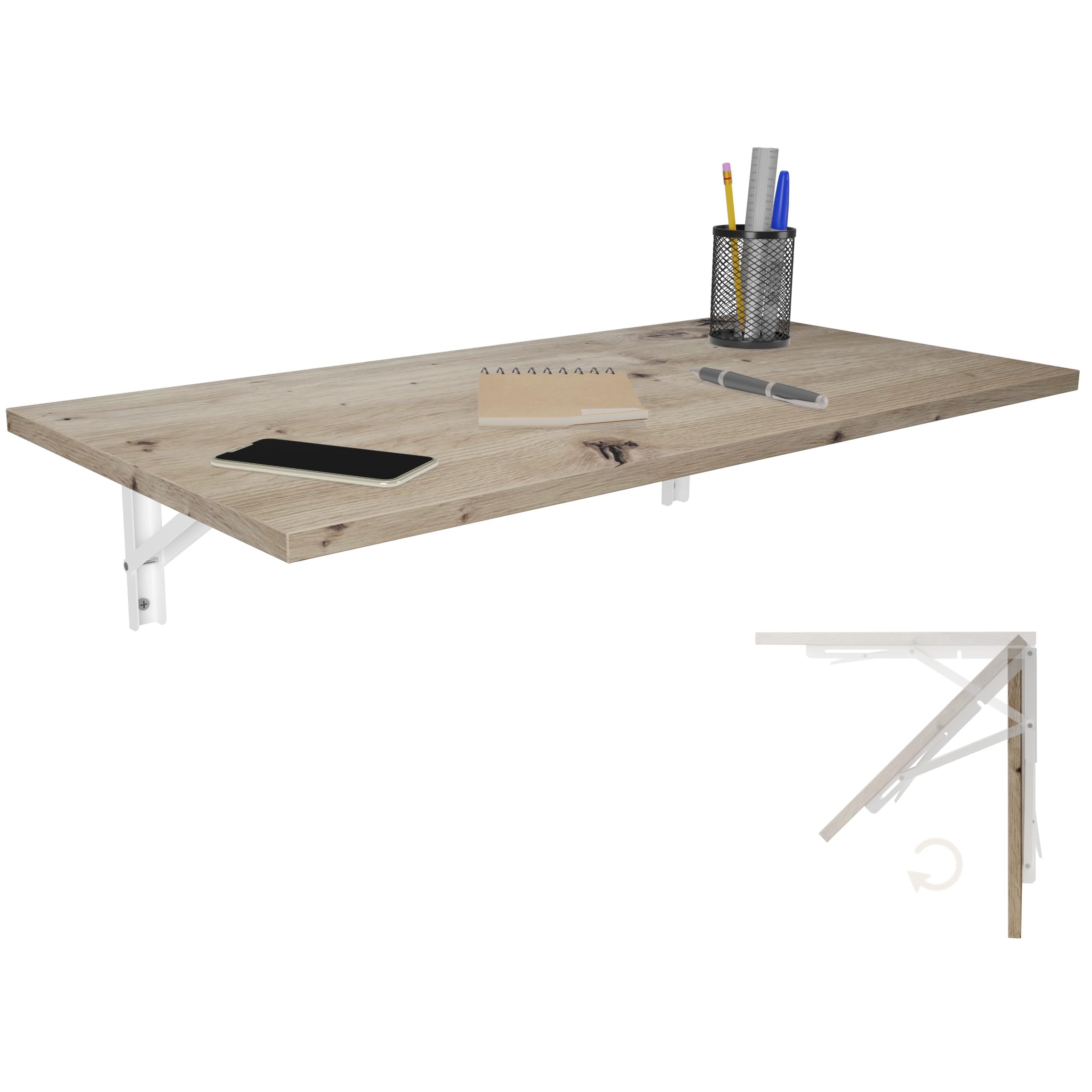 Wall-Mounted Folding Table, Desk, Table Top, 80 x 40 cm, Oak Knotty, Foldable for Wall Mounting