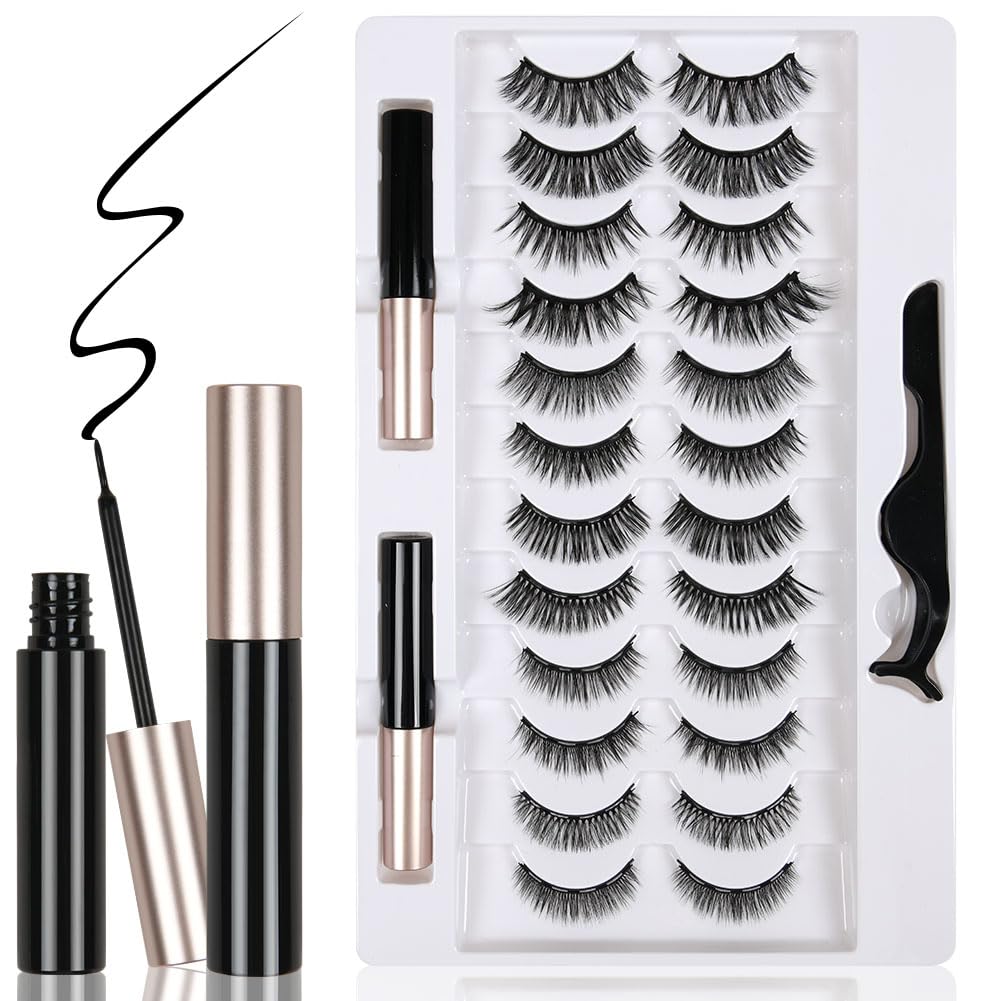 LOPHE Magnetyczne rzęsy, 12 par sztucznych rzęs z eyelinerem i klipsem do rzęs, zestaw 3D, długie, puszyste rzęsy do makijażu, Cosplay, A