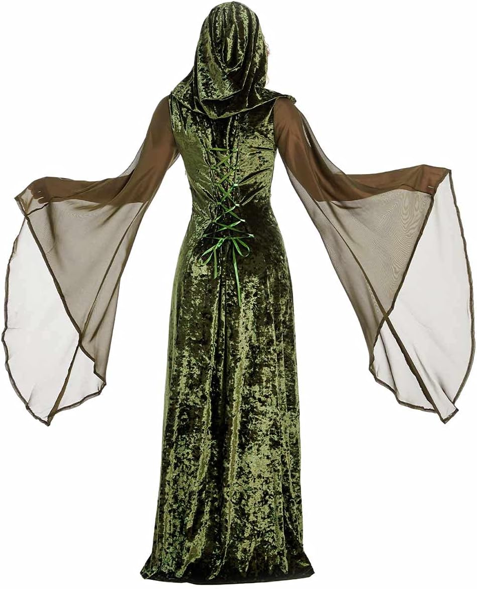 Sinastar Womens Medieval Dress Costume Hooded Lace Up Renaissance Velvet Trumpet Sleeve Gothic Green Gown - Image 5