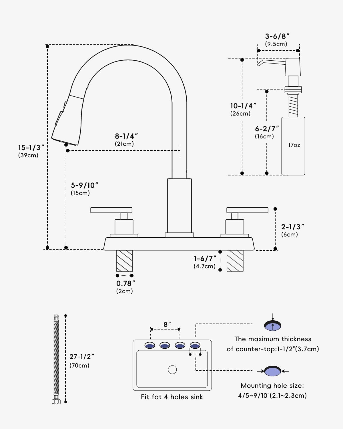 APPASO 2 Handle Kitchen Faucet with Sprayer, 4-Hole Kitchen Faucet with Pull Down Sprayer and Soap Dispenser, High Arc Stainless for 3 & 4 Hole RV Outdoor Sink, Brushed Nickel - Image 5