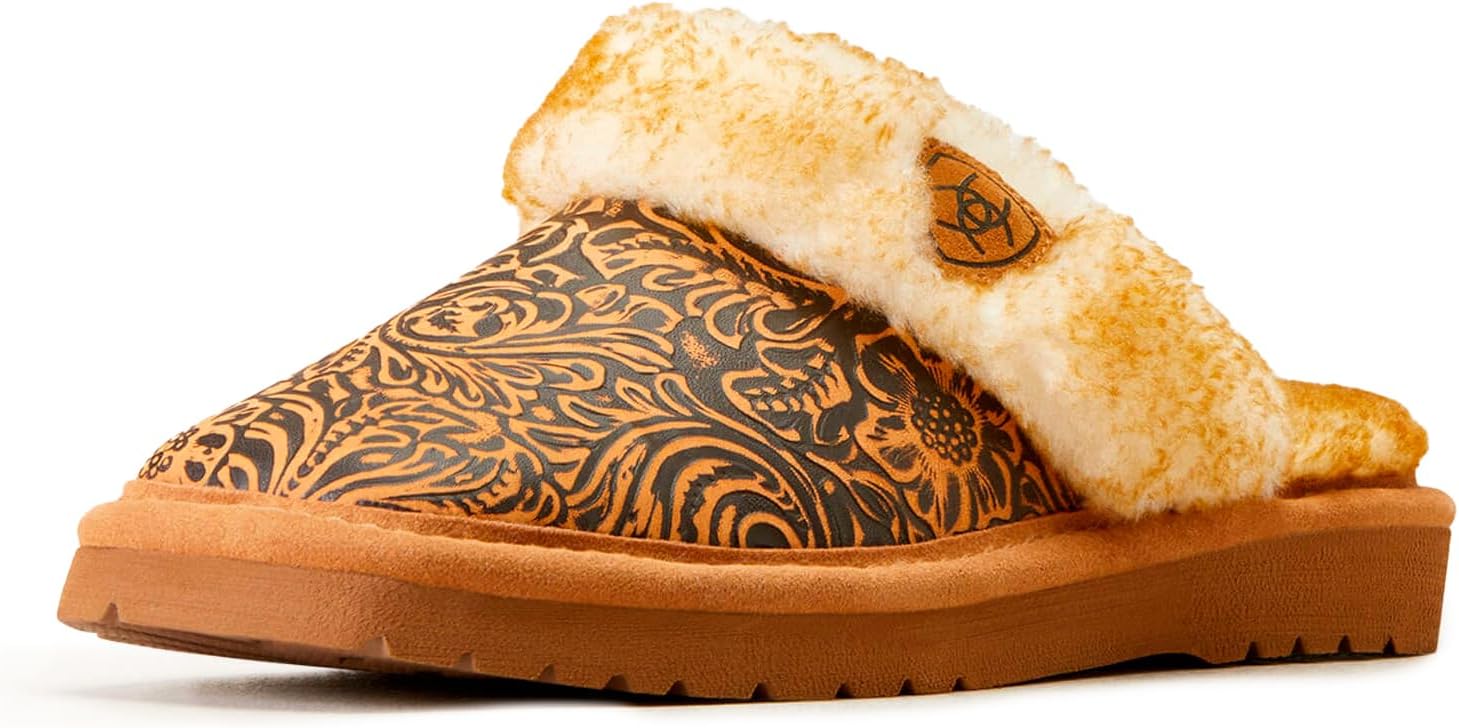 ARIAT Women's Jackie Square Toe Embossed Tooling Warm Soft Comfortable Full-Grain Leather Slippers, Brown, 6