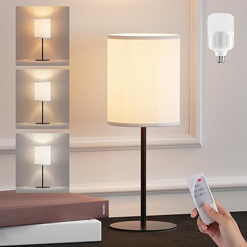 HT404 - Lámpara de mesa inalámbrica para dormitorio, lámpara de noche LED recargable portátil, lámpara de mesa de lino blanco regulable con control