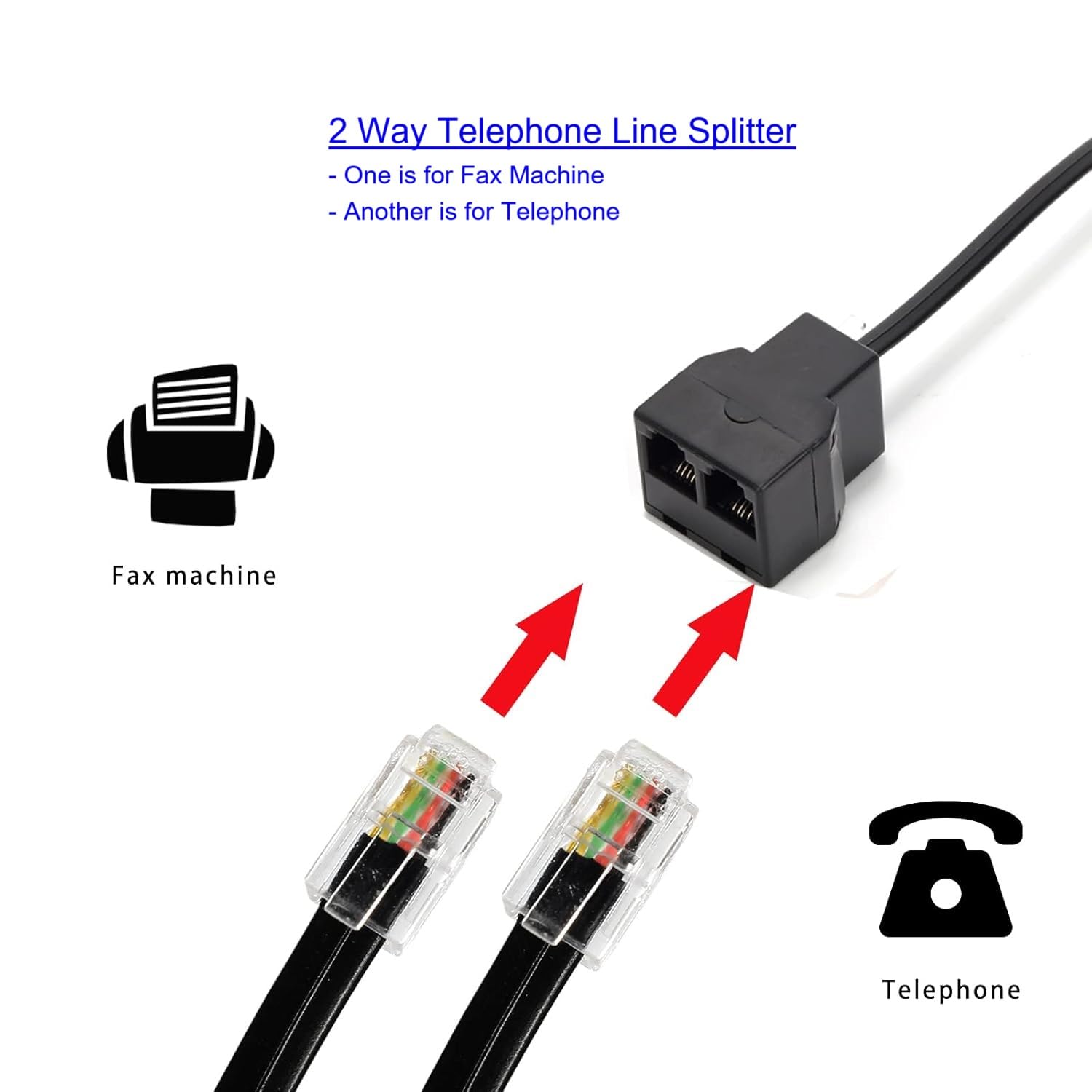 Cable de extensión de teléfono largo de 100 pies, negro, cable de línea de cable de teléfono con enchufe RJ11 estándar, 1 divisor de línea telefónica, 1 acoplador en línea y 65 soportes de clip de