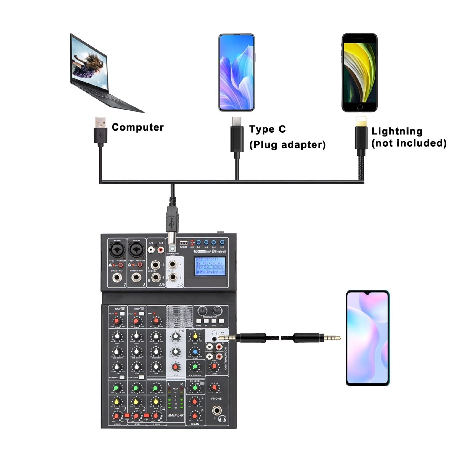 Attrezzatura per DJ per Feste E6 6 Channel Bluetooth 24 Dsp Effect USB Record Computer Record Karaoke Party Studio Mobile Live Broadcast Audio Mixer