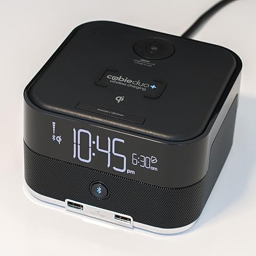 Brandstand CubieDuo+  Reloj despertador de carga fácil de usar y conveniente  Cargador inalámbrico Qi  Altavoz Bluetooth  2 puertos USB