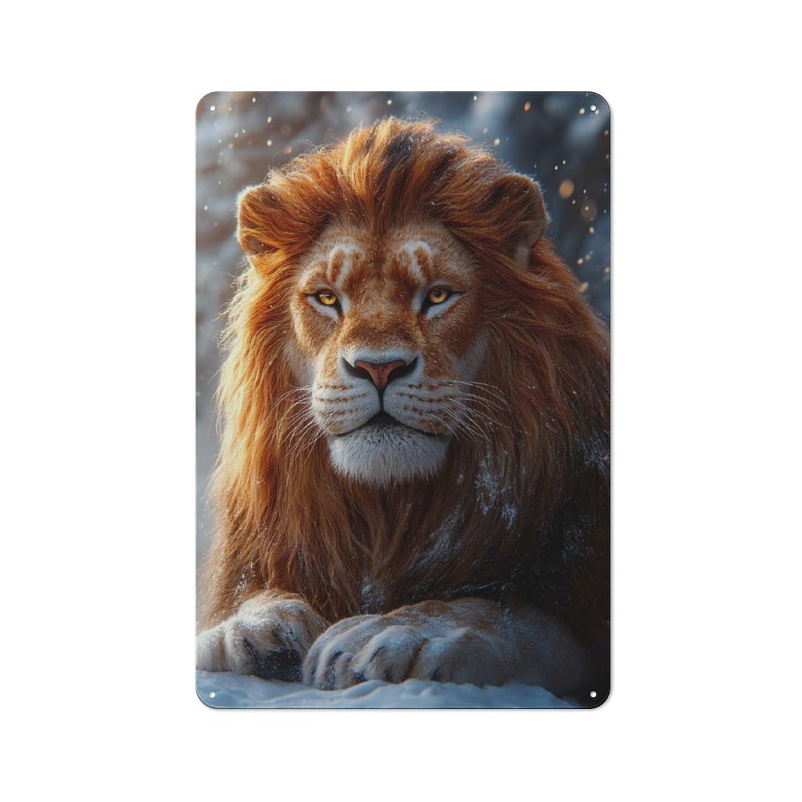 Junmoney Style-22 Majestic Lion In Winter Printed Metal Sign 30X20cm For Workshop Wall, Suited To Metal Sign Collectors, For Retro Home Interiors