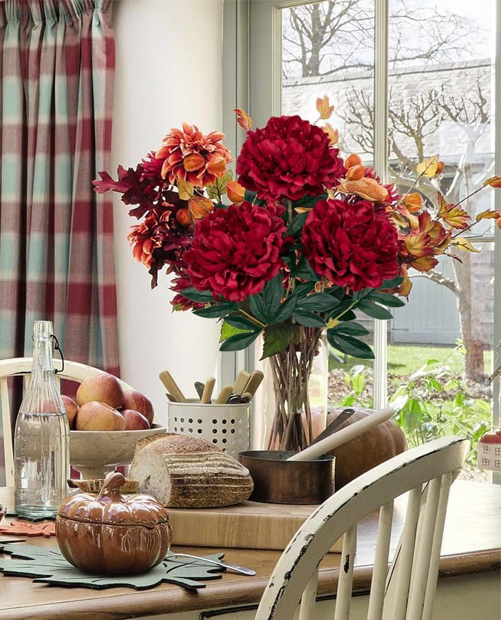 3PCS Fall Flowers Artificial for Decoration, 30'' Long Stem Fake Peony Silk Flowers Real Touch Autumn Floral Centerpieces for Home Office Tables Vase Arrangements Baby Shower Wedding Party(Burgundy) - Image 4