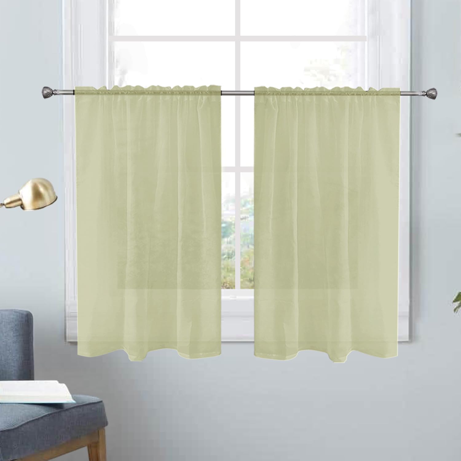 SpaceDresser Basic Rod Pocket Sheer Voile Window Curtain Panels Sage Green 1 Pair 2 Panels 26 Width 30 Inch Long for Kitchen Bedroom Children Living Room Yard（Sage Green，26Wx 30L）