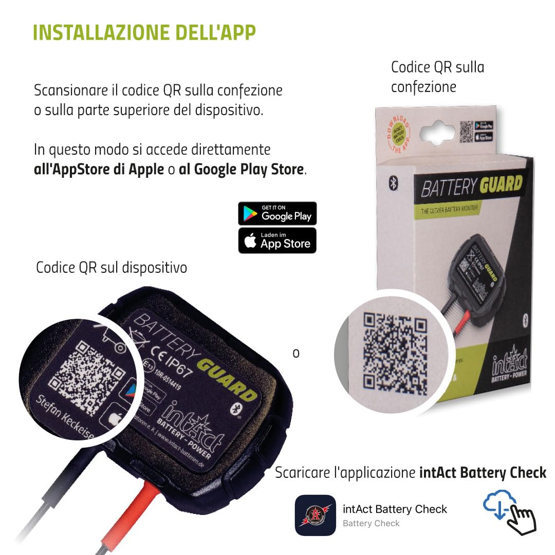 intAct Battery-Guard, monitor per batterie per il monitoraggio Bluetooth di batterie al piombo e al litio da 12 V, con visualizzazione di tensione e temperatura