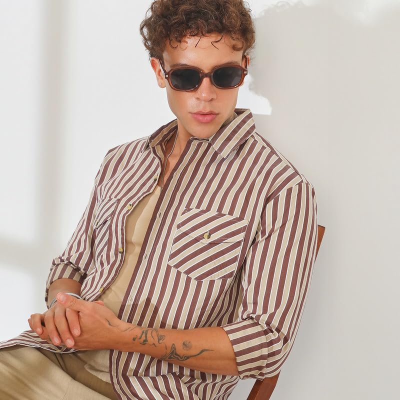 Image of CAHOOT Men's Multitrack Striped Oversized Shirt for Casual Wear | Spread Collar | Long Sleeve | Button Closure | Oversized Shirt Crafted with Comfort Fit for Everyday Wear