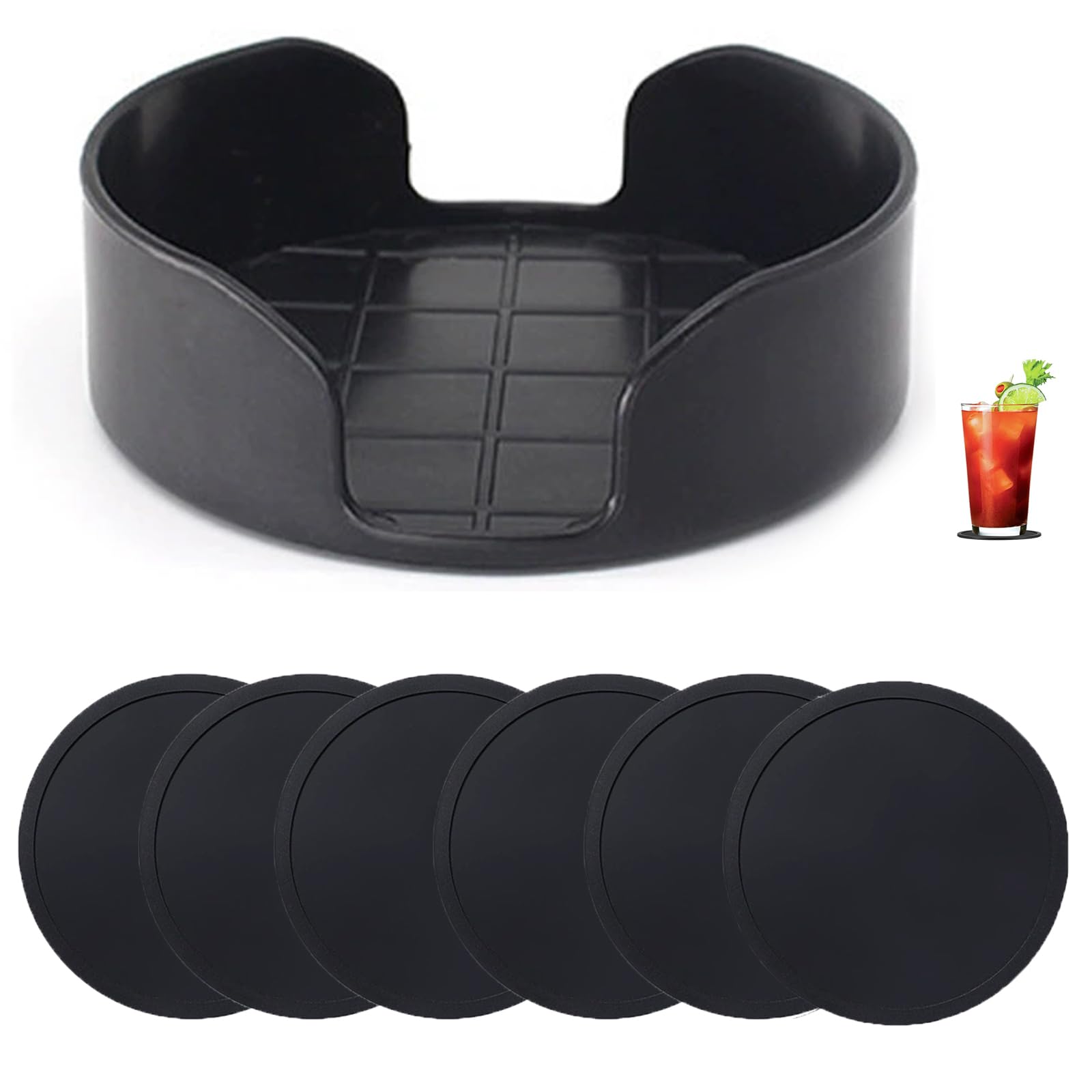 6 Pcs Silicone Coasters, 10cm Drinking Coasters for Drinks, Round Mugs Coaster with Holder, Drink Coaster Pads Mats Non Slip for Coffee Beer Mug Wine Glass Home &Bar Mat (Black)