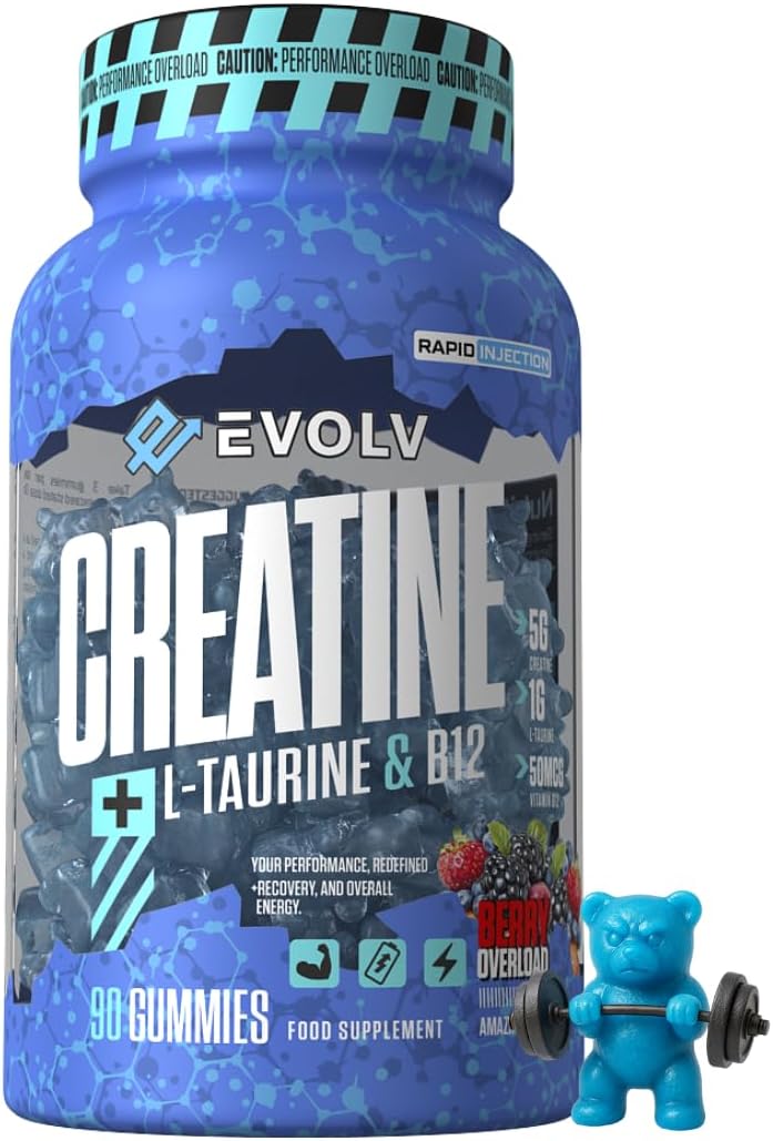 Creatine Monohydrate Gummies + L-Taurine & B12 | 90 Vegan | Overload Creatine Gummies 5000mg | Pre Workout & Post Workout Energy for Men & Women | Sugar-Free Creatine Max