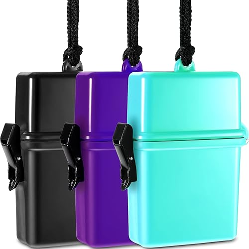 Outus Funda impermeable de 3 piezas para tarjetas de identificación con estuche deportivo flotante con anillo para colgar y cuerda (negro, morado,
