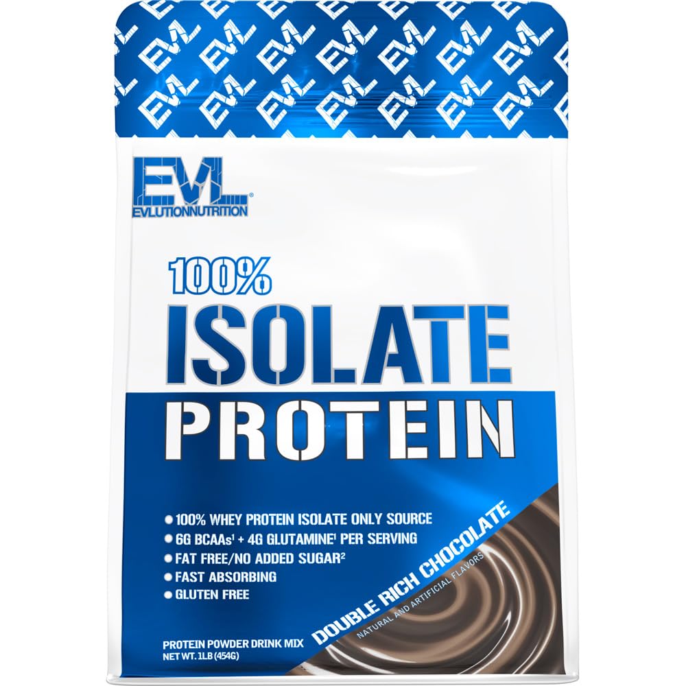 Evlution Nutrition 100% Isolate, Whey Isolate Protein Powder, 25 G of Fast Absorbing Protein, No Sugar Added, Low-Carb, Gluten-Free (Double Rich Chocolate, 1 LB)