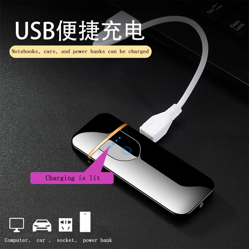 Gas Mecheros, Encendedor Electrónico, Mechero de Arco, Carga USB/Resistente al Viento/Encendedor Táctil Duradero, Encen-dedor de Cigarrillos de Bolsillo (Negro)