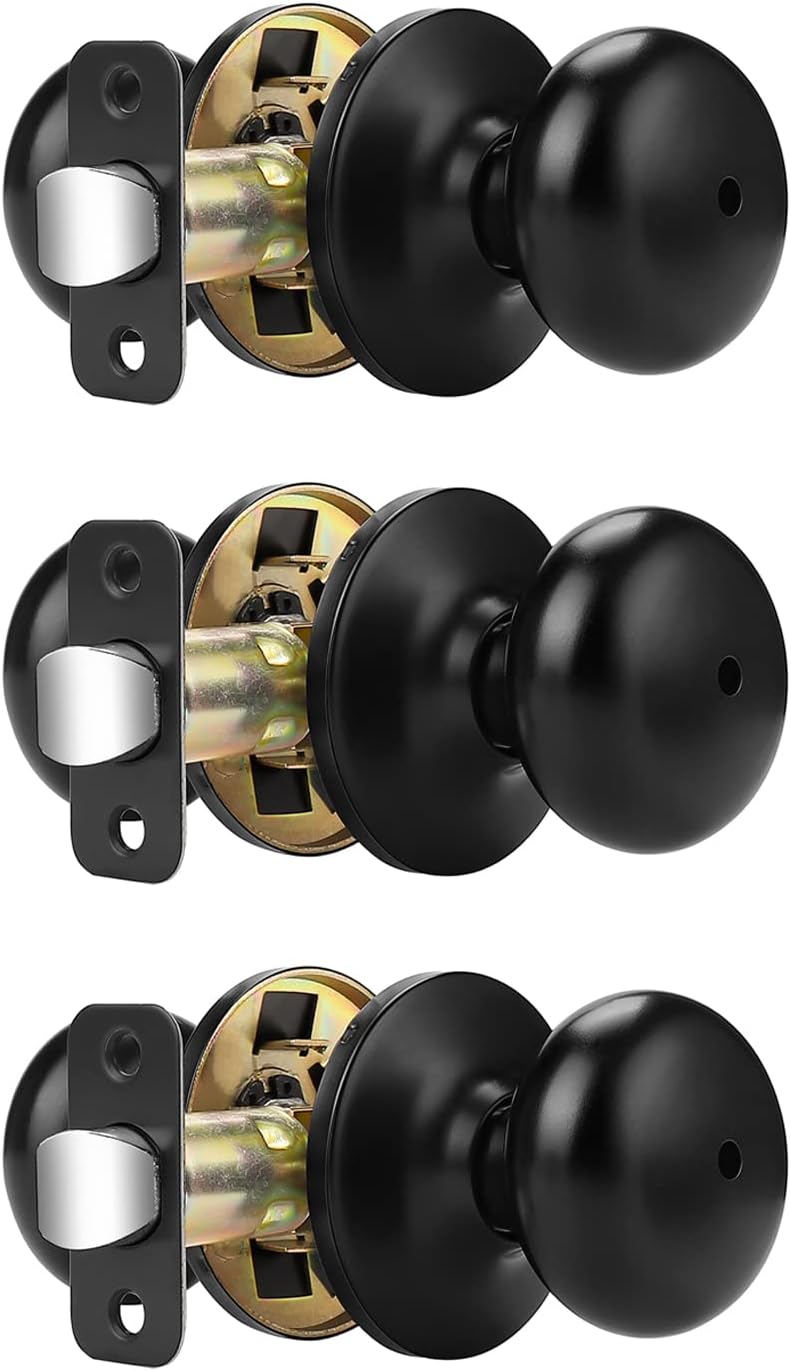 Probrico Privacy Door Knobs with Lock 3 Pack, Modern Round Interior/Exterior Keyless Door Knobs for Bedroom and Bathroom, Classic Matte Black Door Handles Inside