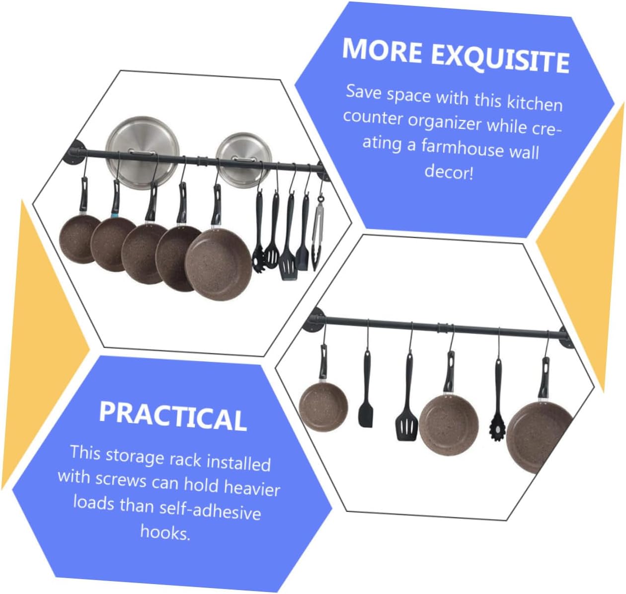 TOYANDONA Iron Wall Mounted Pot Rack with Hooks, 13x60cm Kitchen Hanging Pot and Lid Organizer, Steel Pipe Storage Rail for Kitchen Utensils and Cookware