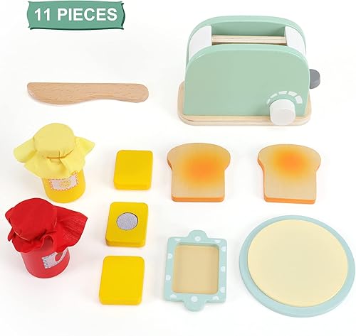 Miniatura 4 de WHOHOLL Juguetes de cocina de madera 11 piezas de tostadora desplegable para hacer pan con cuchillo de rebanada de pan salsa de mantequilla
