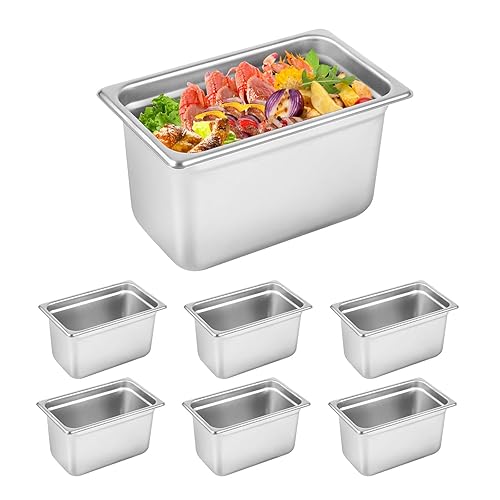 HOCCOT Paquete de 6 sartenes de tamaño completo de 3.9 pulgadas de profundidad, acero inoxidable 304, sartén para hotel comercial, bandeja de mesa