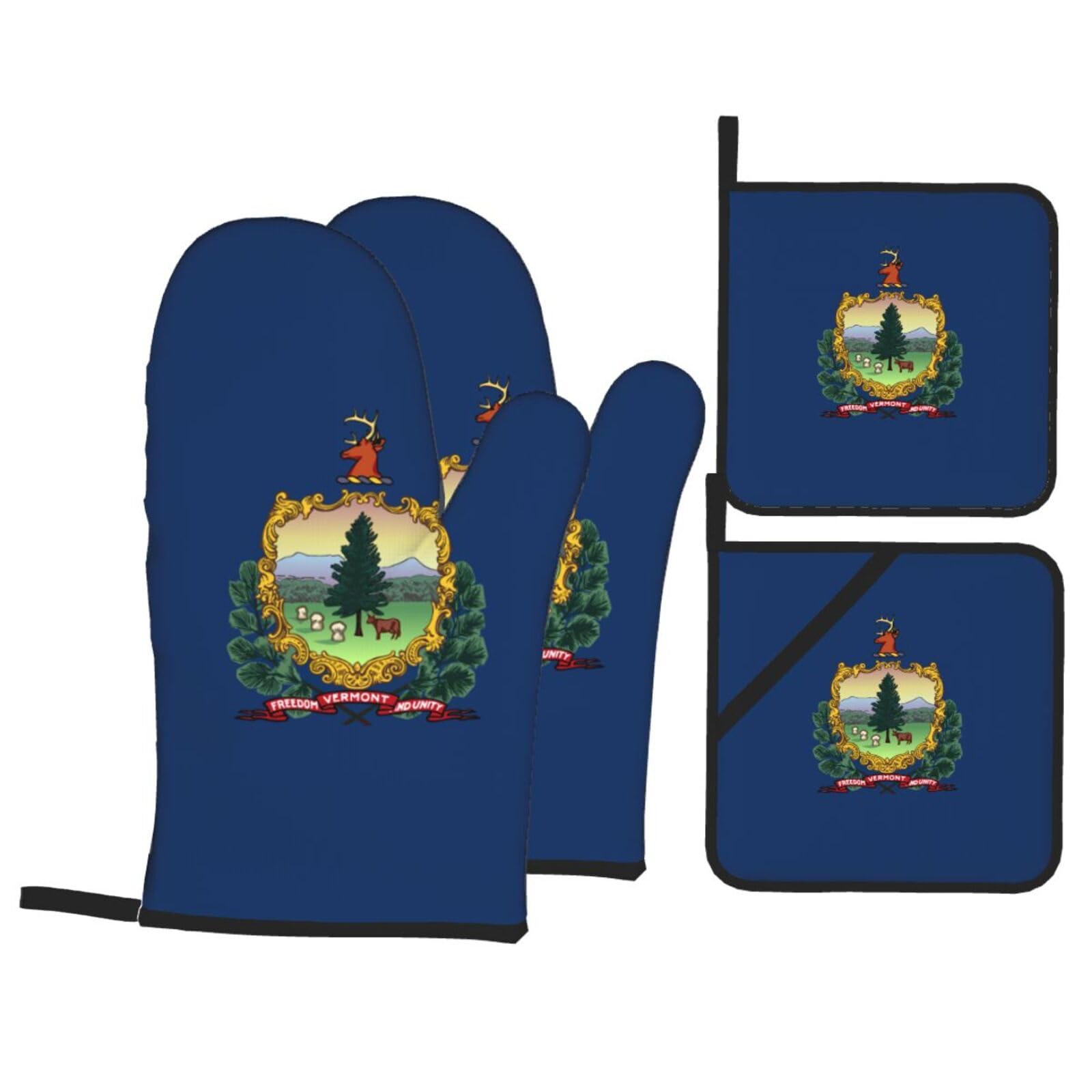 Vermont State Flag Print 4-Piece Oven Microwaving Set Waterproof Kitchen Gloves for Baking Grilling Cooking