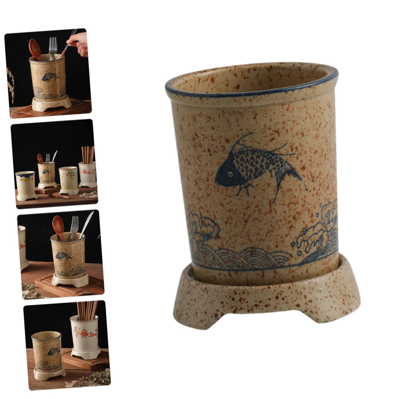 YARNOW Porte-baguettes Trous D'égouttage en Céramique de Style Japonerie Support Élégant et Fonctionnel pour Ustensiles Cuisine, Cuisine Présents de Pendaison de Crémaillère