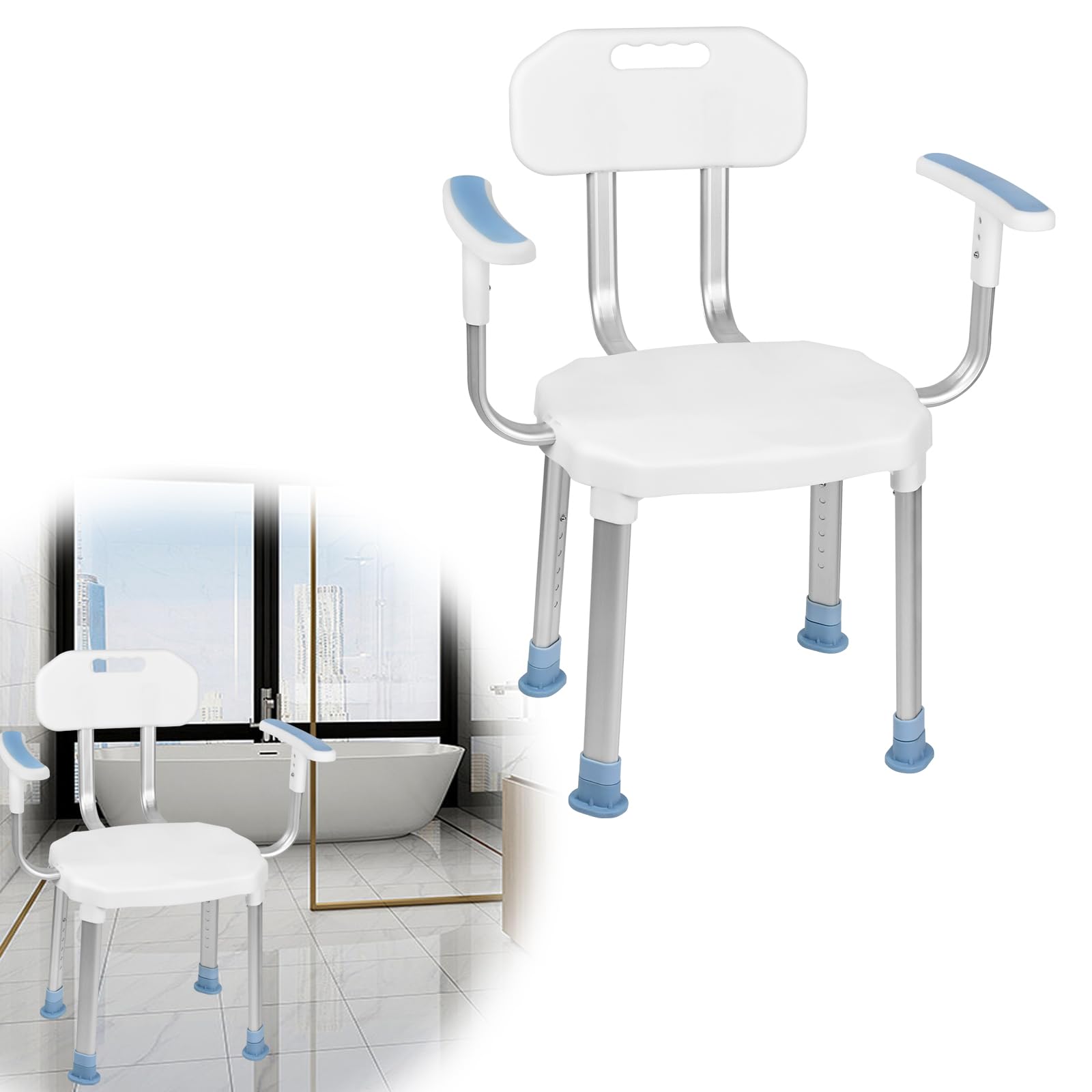 Taburete de ducha de aluminio, altura regulable, silla de ducha, silla de ducha con respaldo y reposabrazos, asiento de ducha, antideslizante, asiento de ducha, asiento de baño, blanco (modelo