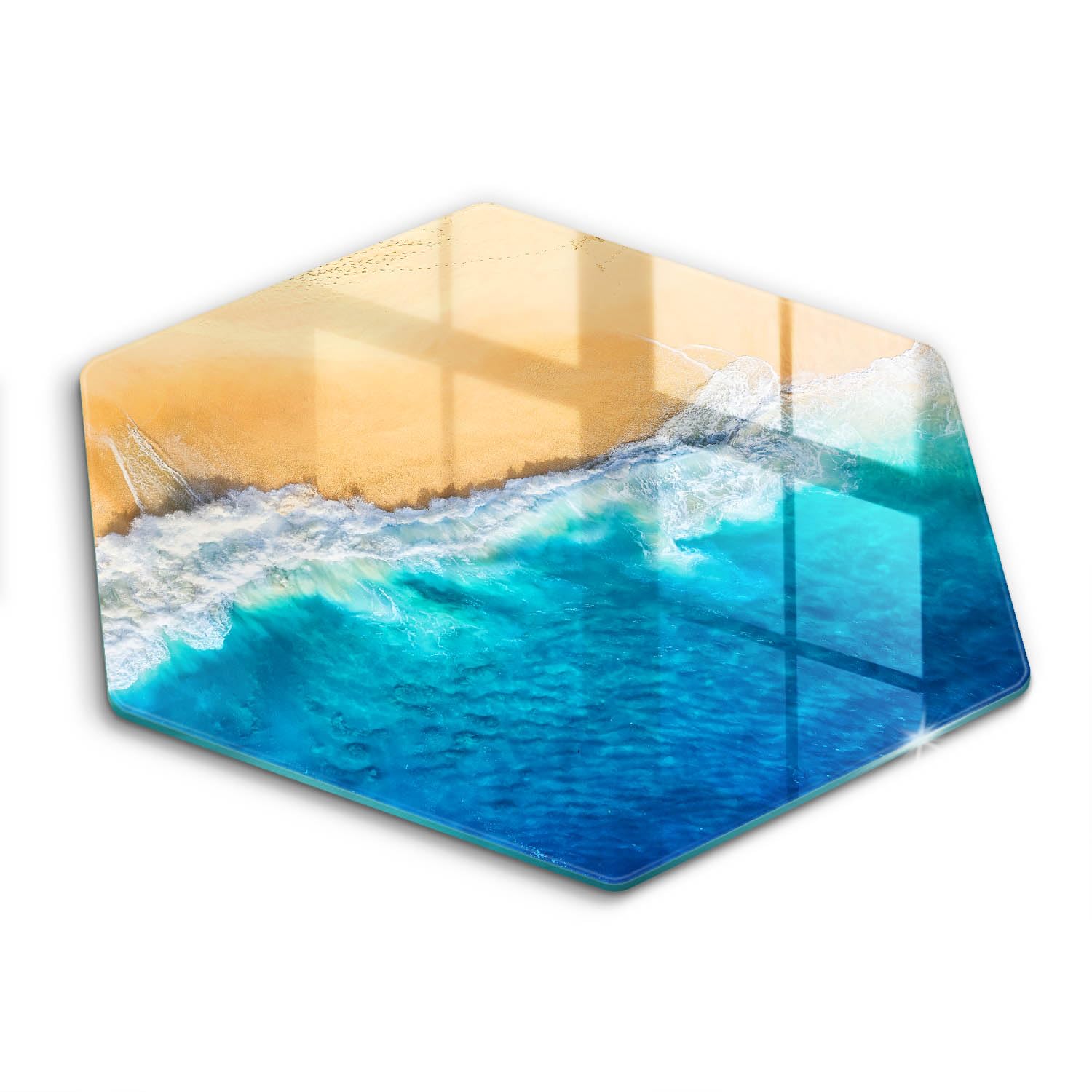 Planche à découper hectagonale 40cm résistante à la cuisson motif plage