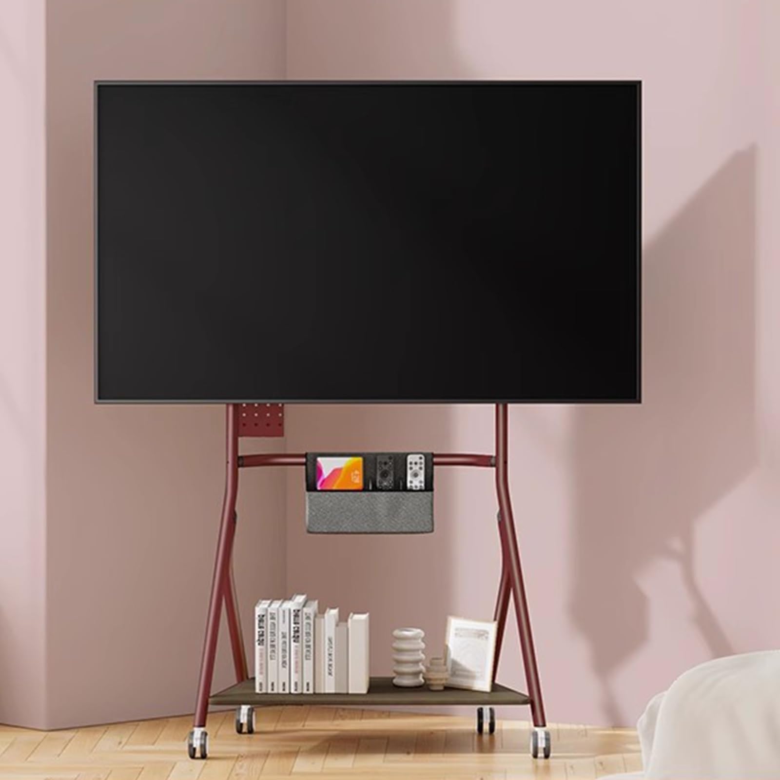 DFGHNBVC Tv Stand, Mobile Tv Stand, Tv Stands For Living Room, Television Stands, For 32-65 Inch Tv, Tv Cart Floor Stand, With Wooden Storage Shelves, For Home Office,Red