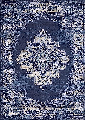 vivorug 9x12 Area Rugs for Living Room, Non Slip Machine Washable Vintage Navy Blue Rug, Ultra-Thin Lightweight Large Area Rug for Bedroom, Dining Room, Low Pile Rug
