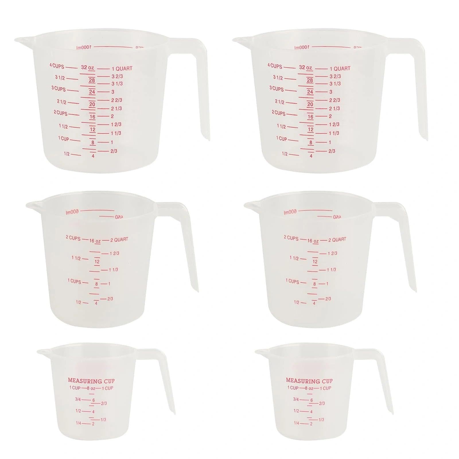6 Pcs Plastic Measuring Jugs with Handles, 250ml/500ml/1000ml Kitchen Measuring Jugs for Cooking and Baking, Plastic Jug with Measurement Scale, for Stackable, Multi-Purpose, Flour