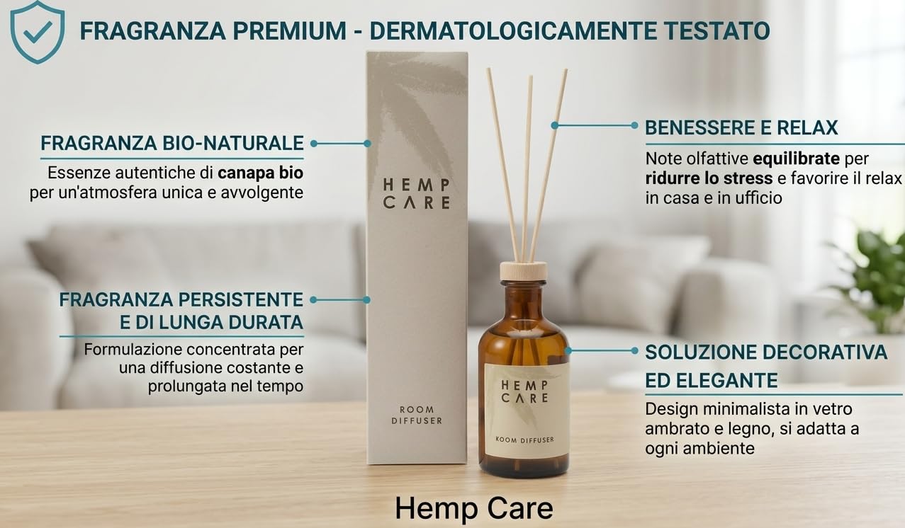 NOVITA' 2026 - Hemp Care Profumatore Ambienti a Bastoncini 400ml - Diffusore Fragranza Naturale all'Olio di Canapa Bio - Profumo Persistente per Casa e Ufficio - Made in Italy